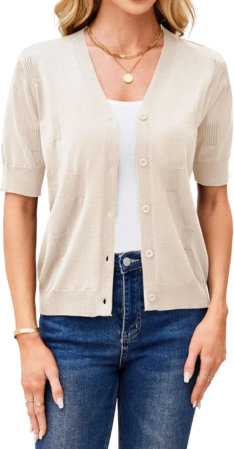 Yekaty Short Sleeve Cardigans for Women Lightweight Summer Sweaters Cropped V Neck Button Bolero Sweater
