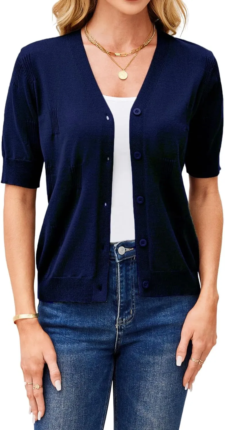 Yekaty Short Sleeve Cardigans for Women Lightweight Summer Sweaters Cropped V Neck Button Bolero Sweater