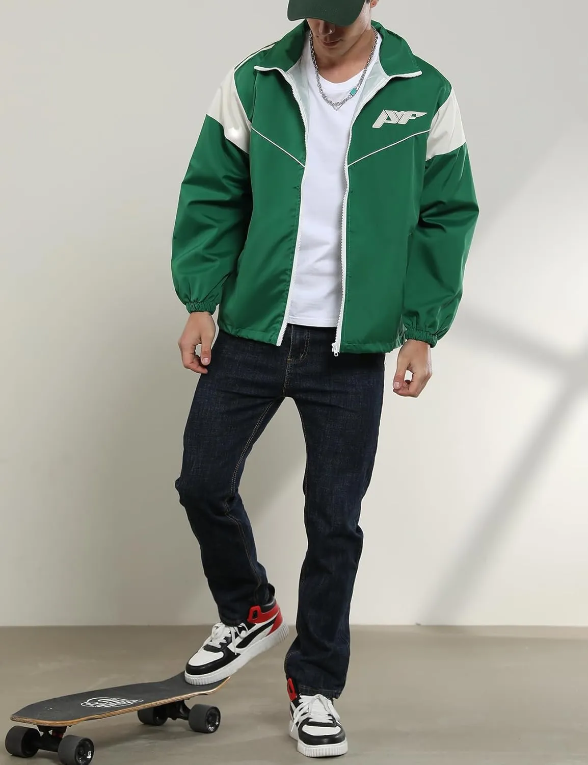 Yimoon Men's Lightweight Windbreaker Jacket Casual Zip Up Outdoor Varsity Jacket Patchwork Vintage Y2K Outerwear