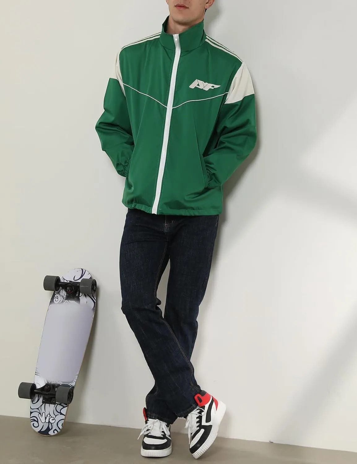 Yimoon Men's Lightweight Windbreaker Jacket Casual Zip Up Outdoor Varsity Jacket Patchwork Vintage Y2K Outerwear