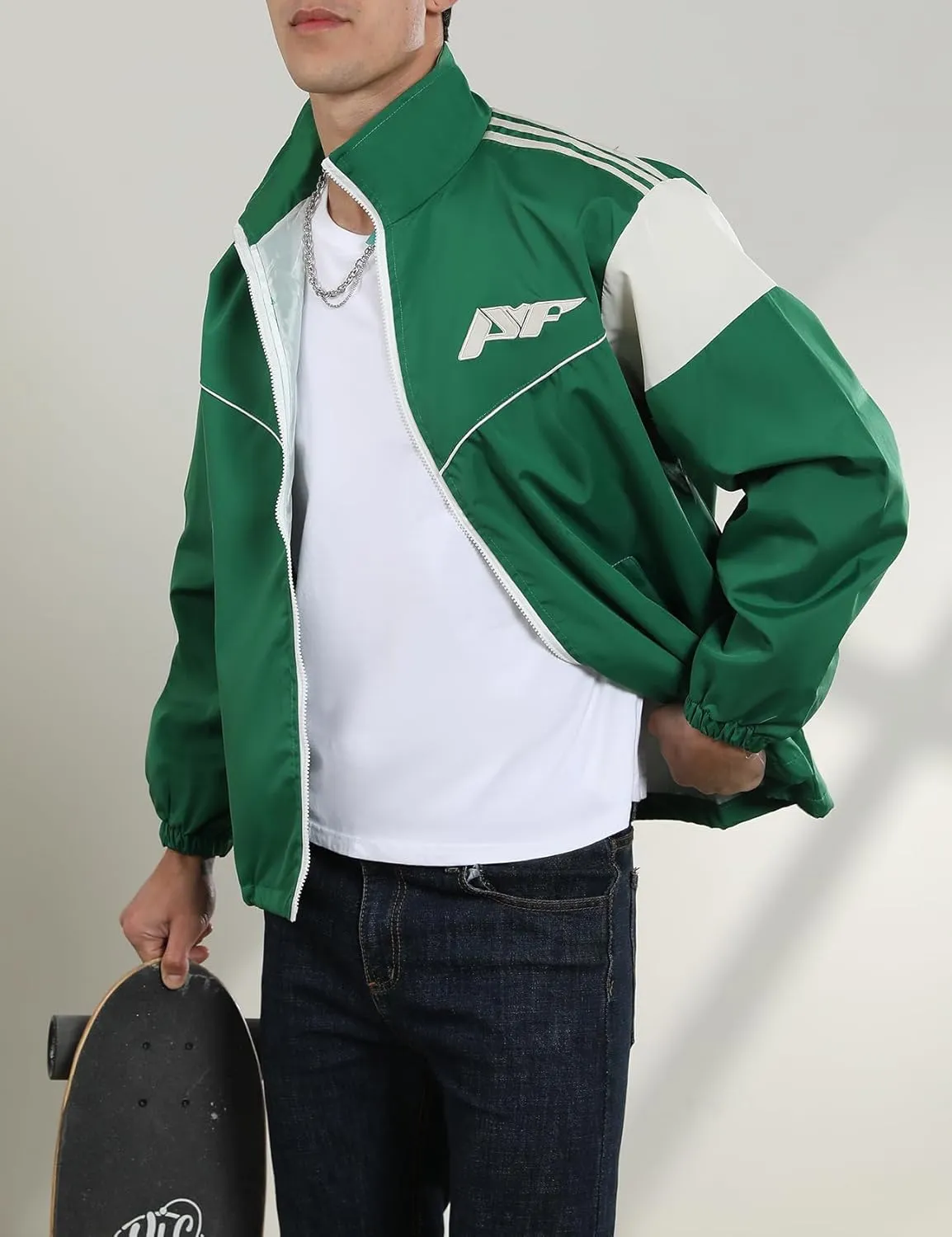 Yimoon Men's Lightweight Windbreaker Jacket Casual Zip Up Outdoor Varsity Jacket Patchwork Vintage Y2K Outerwear
