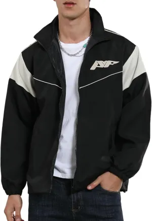 Yimoon Men's Lightweight Windbreaker Jacket Casual Zip Up Outdoor Varsity Jacket Patchwork Vintage Y2K Outerwear