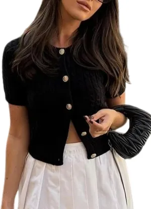 Yimoon Womens Short Sleeve Summer Cardigan Crop Button Down Cable Knit Sweater Basic Crewneck Slim fit Going Out Tops