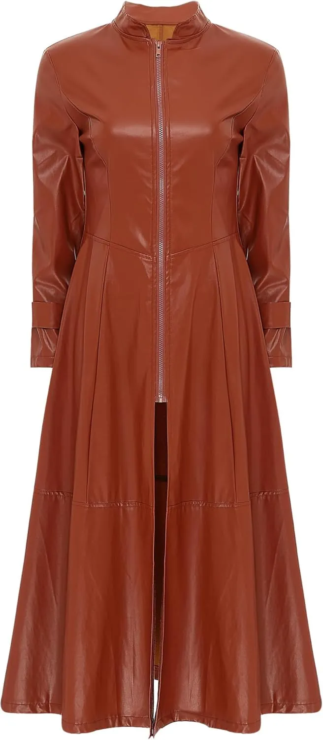 YiZYiF Womens Shiny Leather Long Sleeve Jacket Dress Full Zipper Leather Long Jacket Coats Outwear