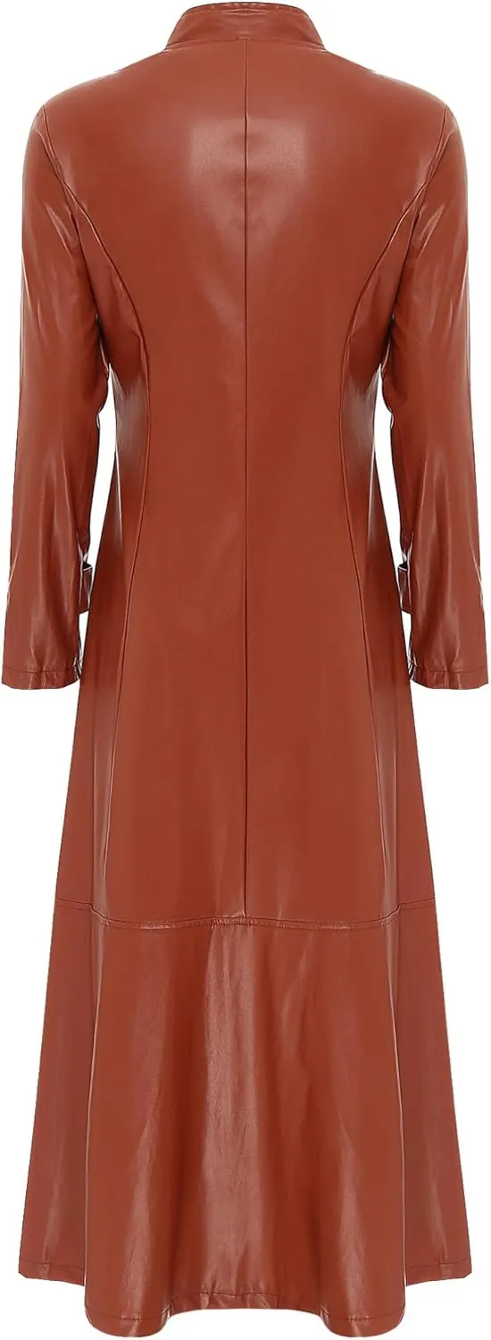 YiZYiF Womens Shiny Leather Long Sleeve Jacket Dress Full Zipper Leather Long Jacket Coats Outwear