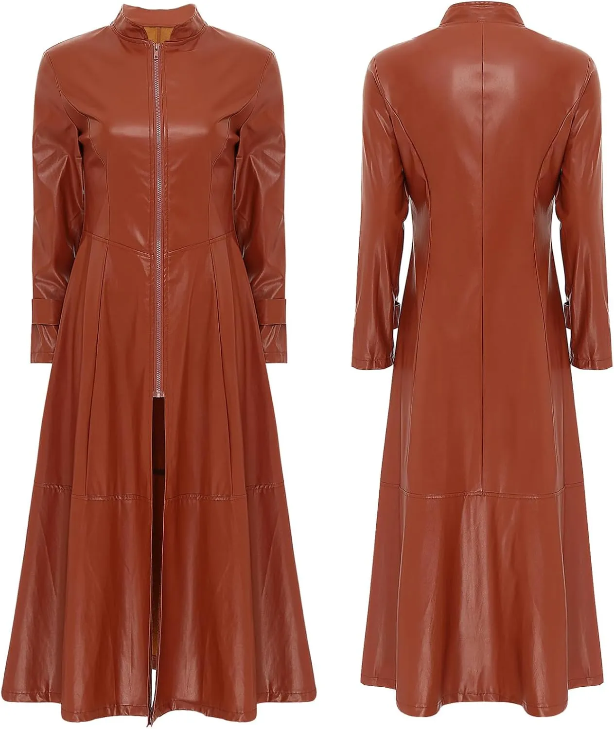 YiZYiF Womens Shiny Leather Long Sleeve Jacket Dress Full Zipper Leather Long Jacket Coats Outwear