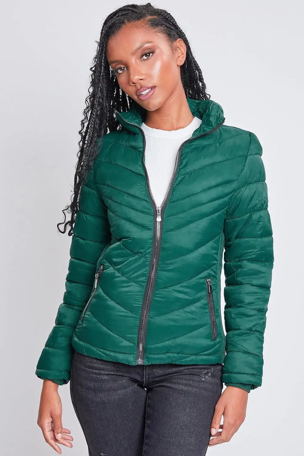 YMI Women's Junior Full Length Puffer Jacket with Detachable Sherpa Hood