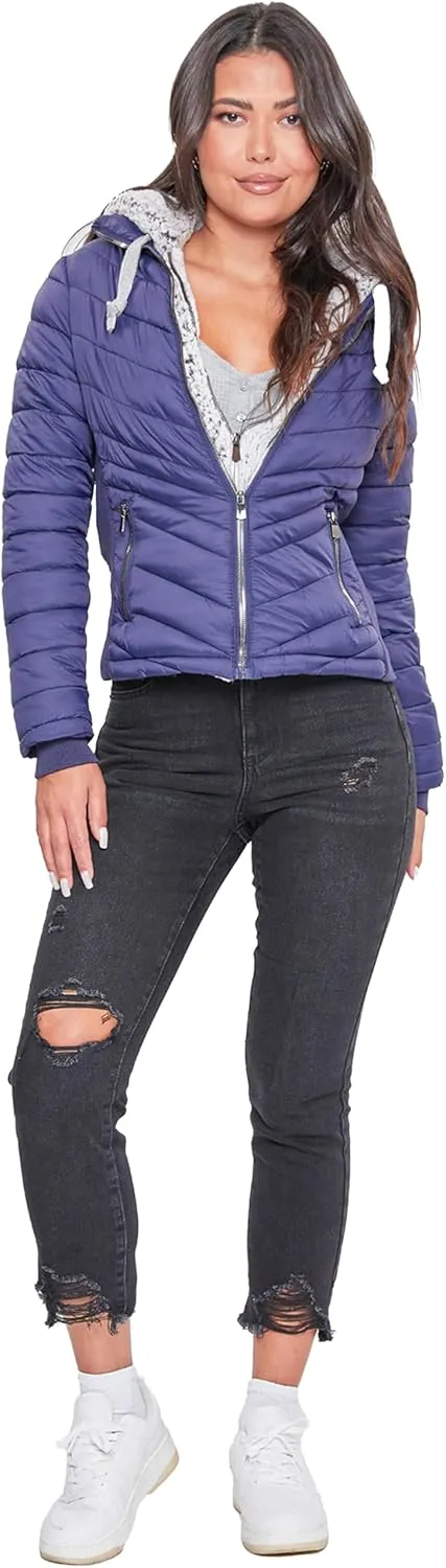 YMI Women's Junior Full Length Puffer Jacket with Detachable Sherpa Hood