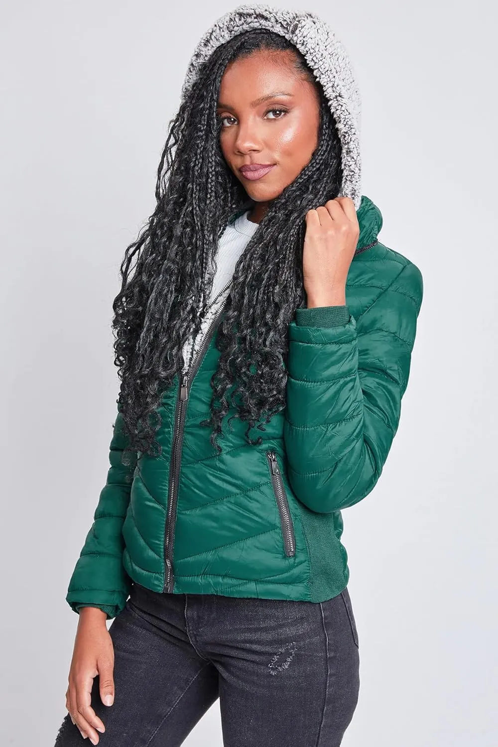 YMI Women's Junior Full Length Puffer Jacket with Detachable Sherpa Hood