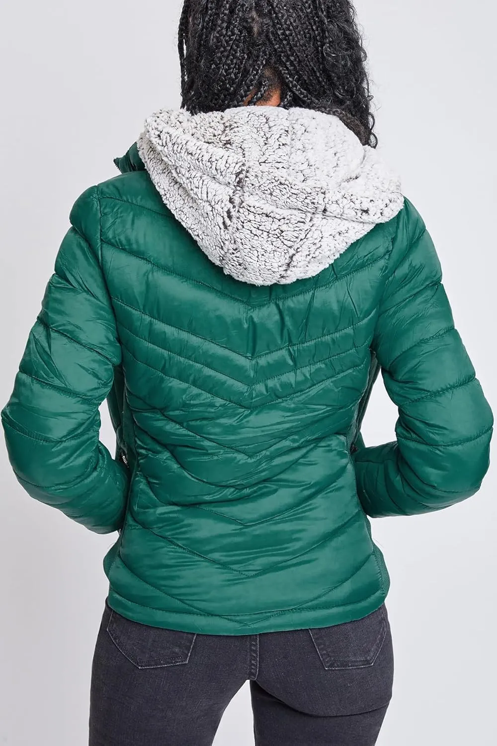 YMI Women's Junior Full Length Puffer Jacket with Detachable Sherpa Hood