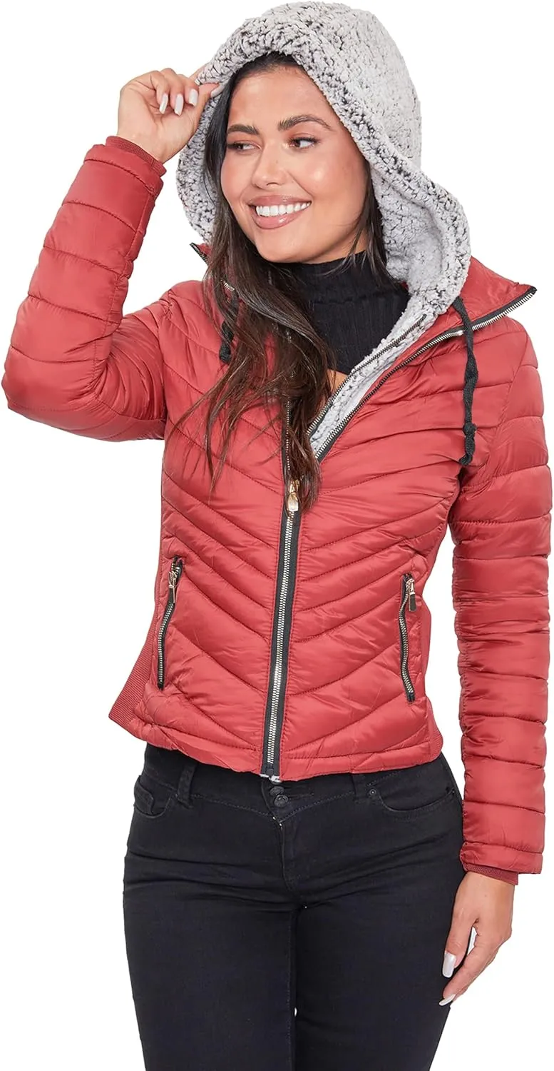 YMI Women's Junior Full Length Puffer Jacket with Detachable Sherpa Hood