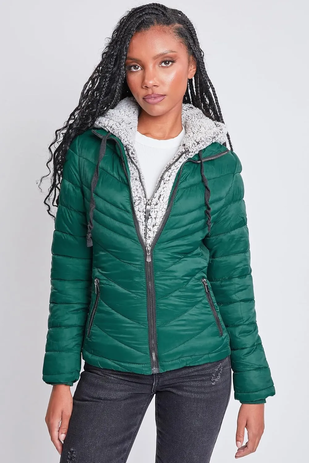 YMI Women's Junior Full Length Puffer Jacket with Detachable Sherpa Hood
