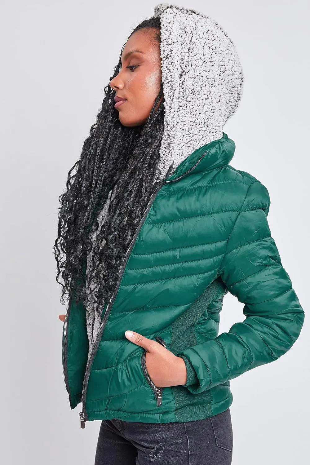 YMI Women's Junior Full Length Puffer Jacket with Detachable Sherpa Hood