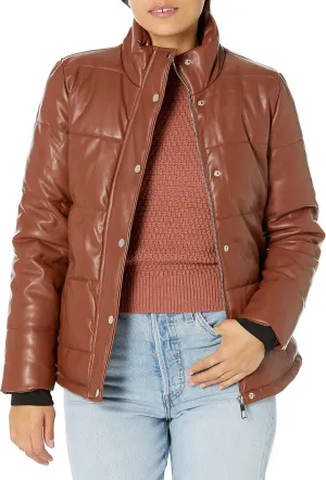 YMI Women's Junior Pleather High Collar Puffer Jacket