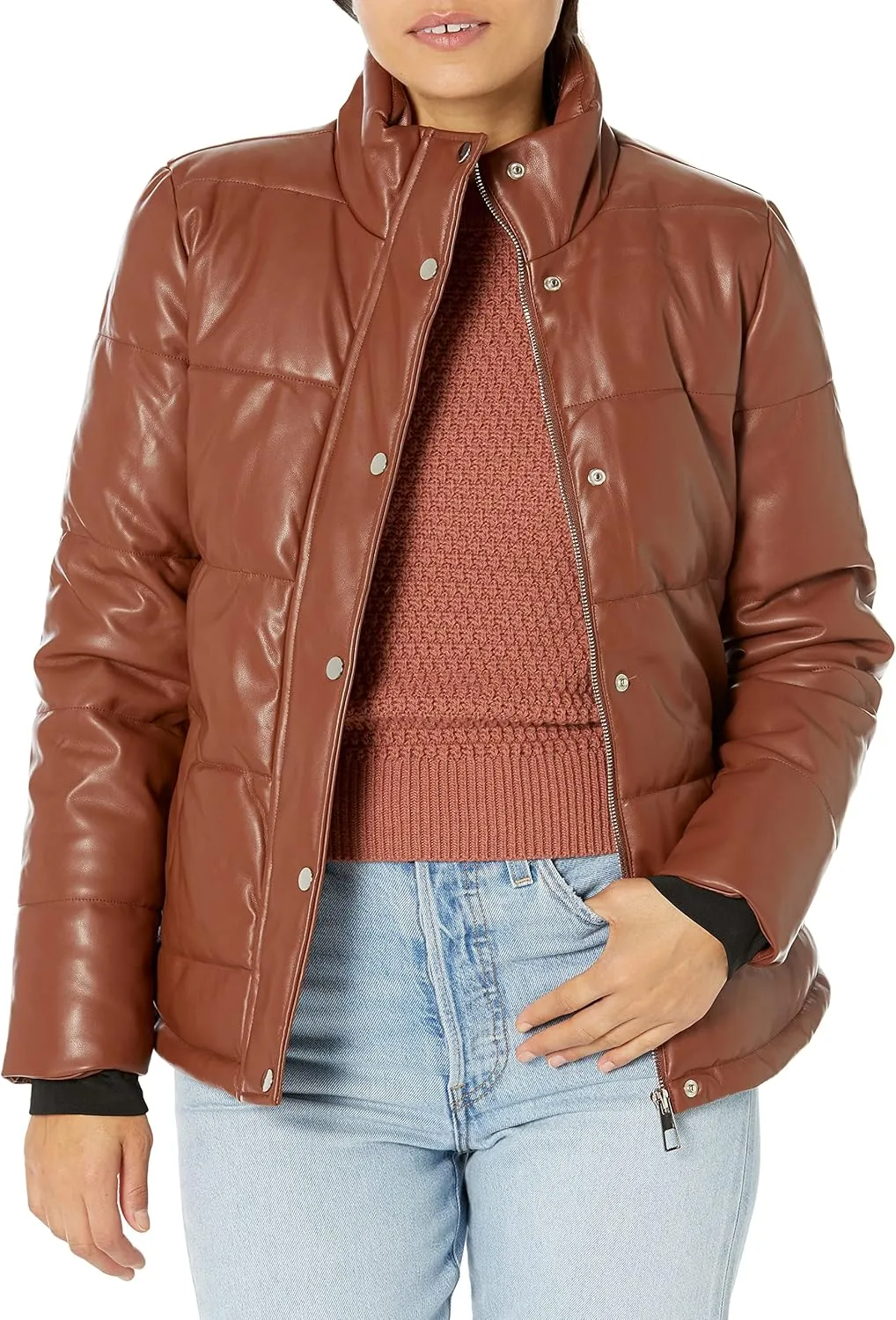 YMI Women's Junior Pleather High Collar Puffer Jacket