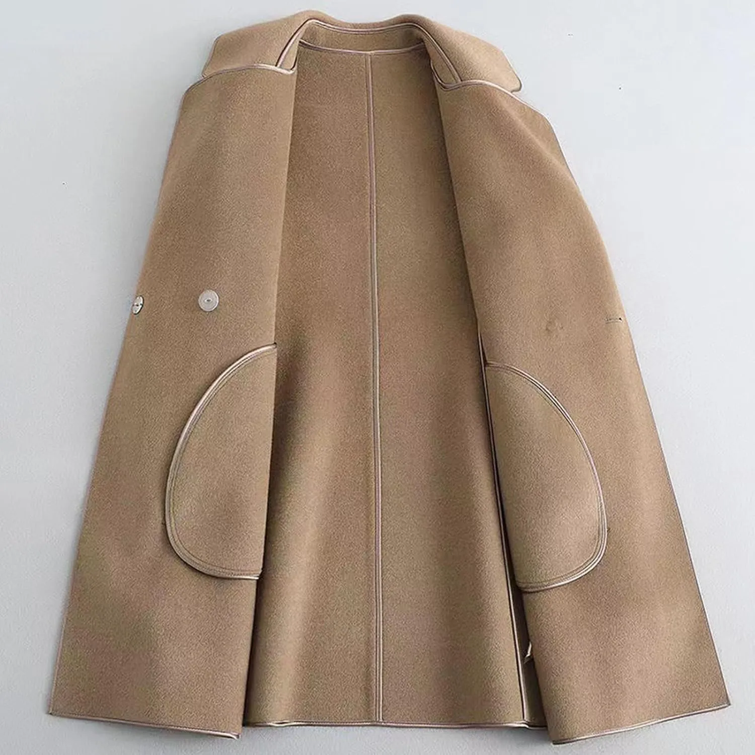 YRAETENM Coats for Women Elegant Lapel Collar Wool Blend Midi-Long Pea Coat Warm Trench Coat Fall Winter Outfits with Belt