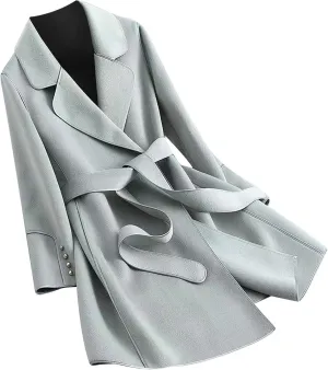 YRAETENM Coats for Women Elegant Lapel Collar Wool Blend Midi-Long Pea Coat Warm Trench Coat Fall Winter Outfits with Belt
