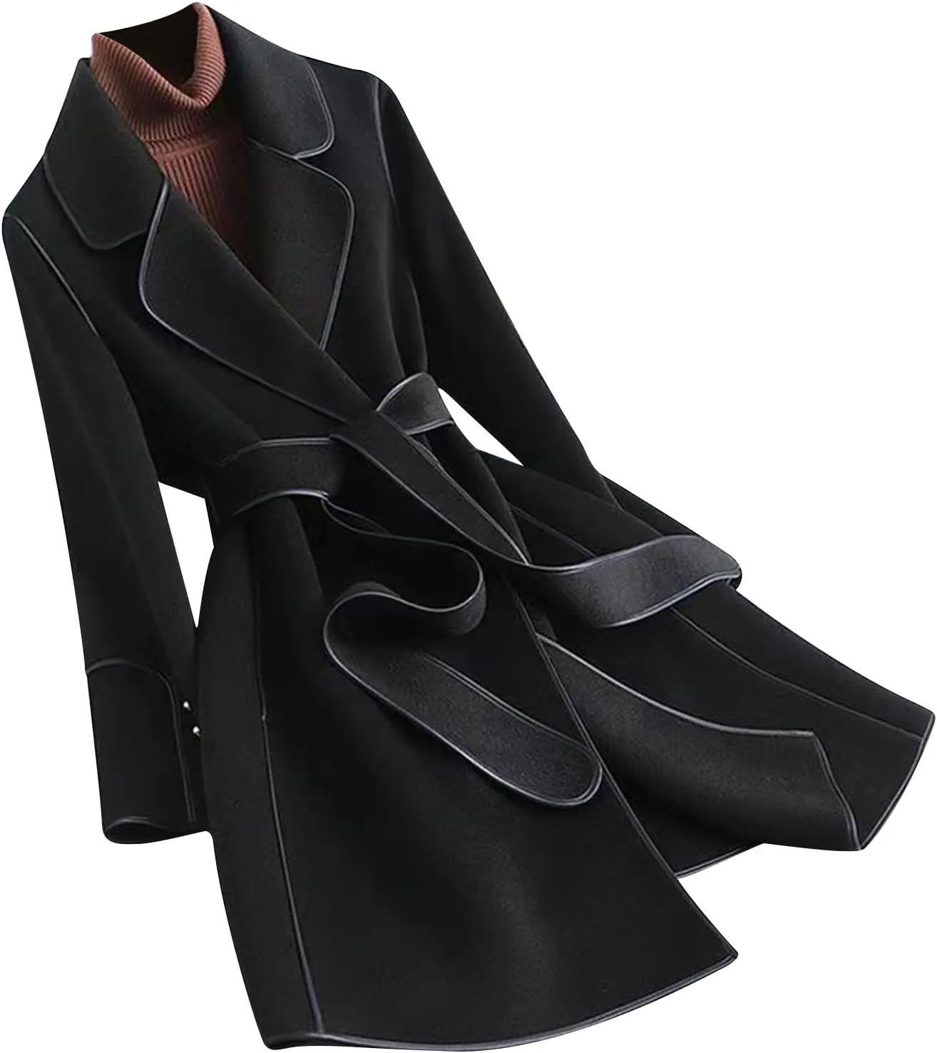 YRAETENM Coats for Women Elegant Lapel Collar Wool Blend Midi-Long Pea Coat Warm Trench Coat Fall Winter Outfits with Belt