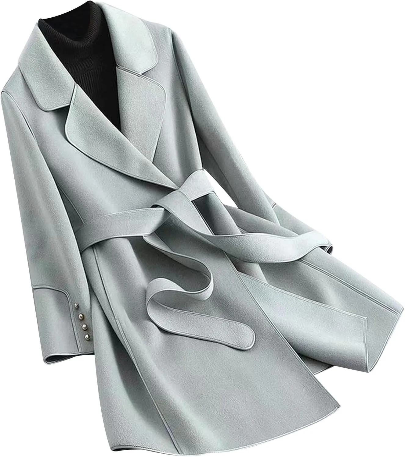 YRAETENM Coats for Women Elegant Lapel Collar Wool Blend Midi-Long Pea Coat Warm Trench Coat Fall Winter Outfits with Belt