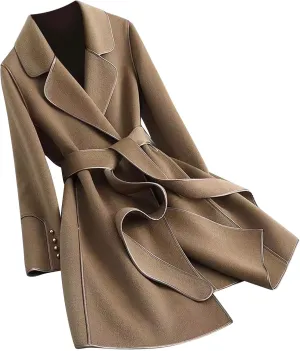 YRAETENM Coats for Women Elegant Lapel Collar Wool Blend Midi-Long Pea Coat Warm Trench Coat Fall Winter Outfits with Belt