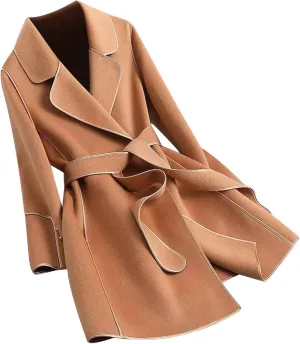 YRAETENM Coats for Women Elegant Lapel Collar Wool Blend Midi-Long Pea Coat Warm Trench Coat Fall Winter Outfits with Belt