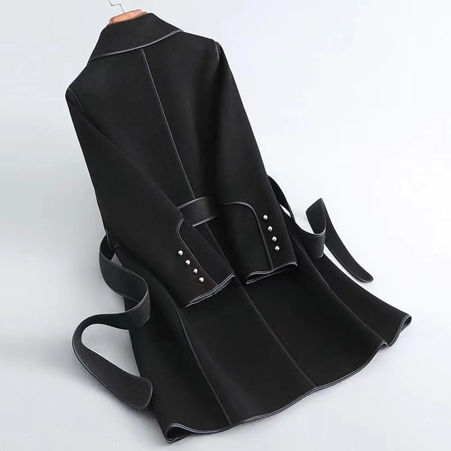 YRAETENM Coats for Women Elegant Lapel Collar Wool Blend Midi-Long Pea Coat Warm Trench Coat Fall Winter Outfits with Belt