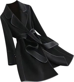 YRAETENM Coats for Women Elegant Lapel Collar Wool Blend Midi-Long Pea Coat Warm Trench Coat Fall Winter Outfits with Belt