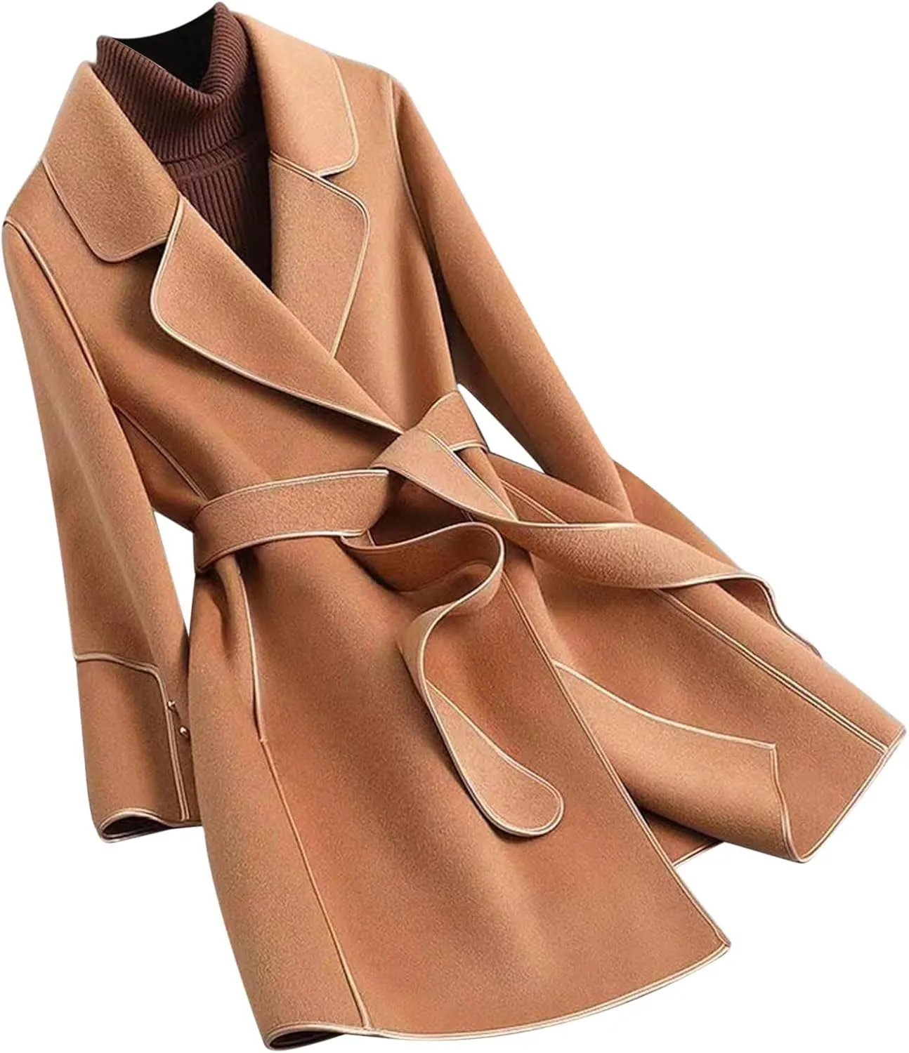 YRAETENM Coats for Women Elegant Lapel Collar Wool Blend Midi-Long Pea Coat Warm Trench Coat Fall Winter Outfits with Belt