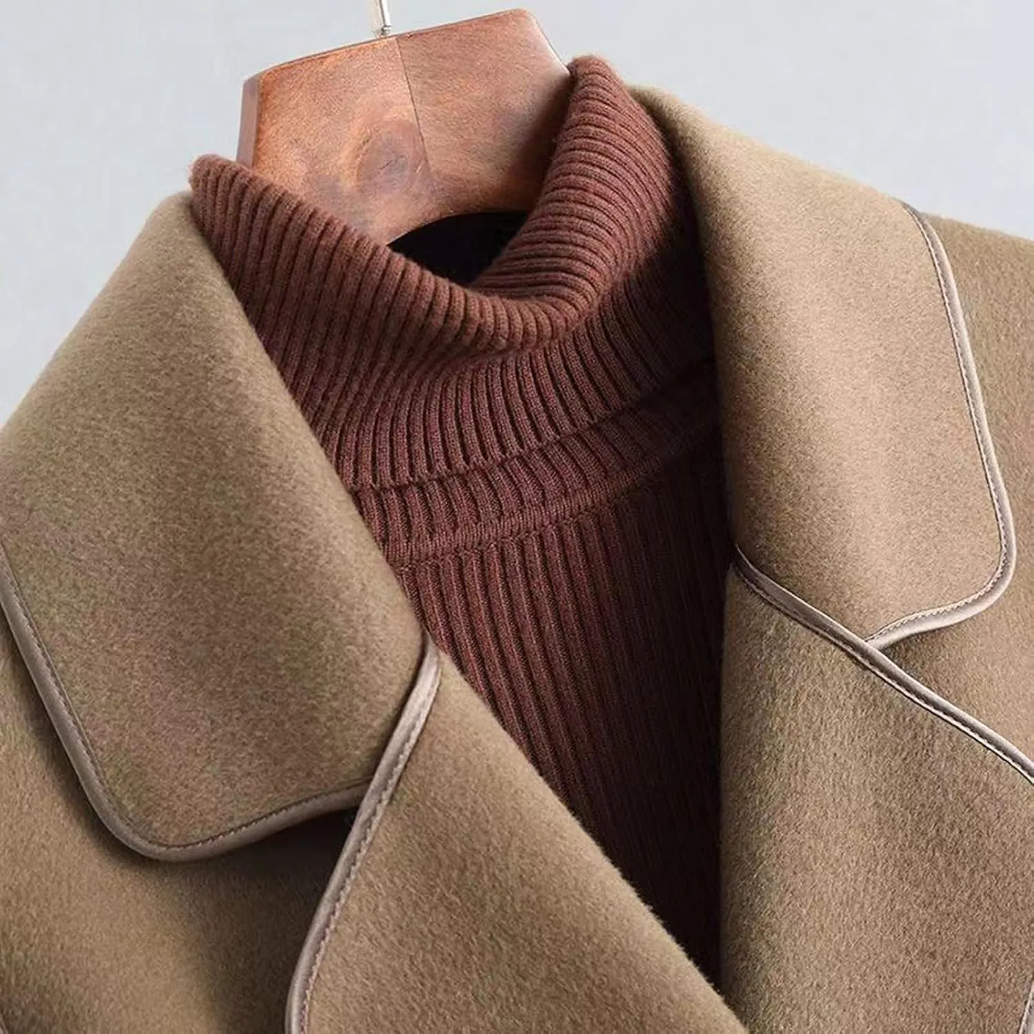 YRAETENM Coats for Women Elegant Lapel Collar Wool Blend Midi-Long Pea Coat Warm Trench Coat Fall Winter Outfits with Belt
