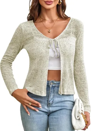 ZAFUL Women's Long Sleeve Knit Cardigan V Neck Tie Open Front Shrug Lightweight Sheer Crop Top