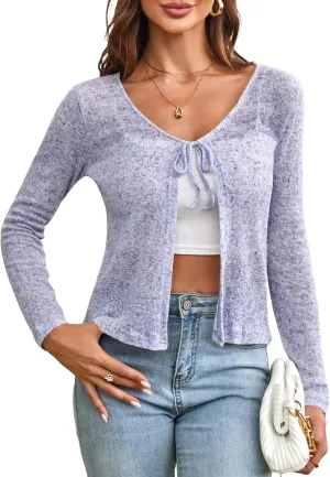 ZAFUL Women's Long Sleeve Knit Cardigan V Neck Tie Open Front Shrug Lightweight Sheer Crop Top