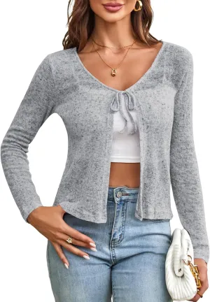 ZAFUL Women's Long Sleeve Knit Cardigan V Neck Tie Open Front Shrug Lightweight Sheer Crop Top