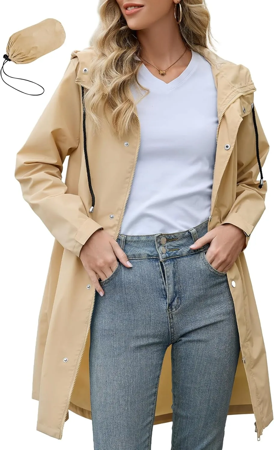 Zando Long Rain Coat for Women Packable Rain Jacket Womens Waterproof Raincoat Lightweight Hooded Windbreaker Trench Coat