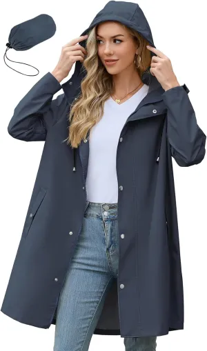Zando Long Rain Coat for Women Packable Rain Jacket Womens Waterproof Raincoat Lightweight Hooded Windbreaker Trench Coat