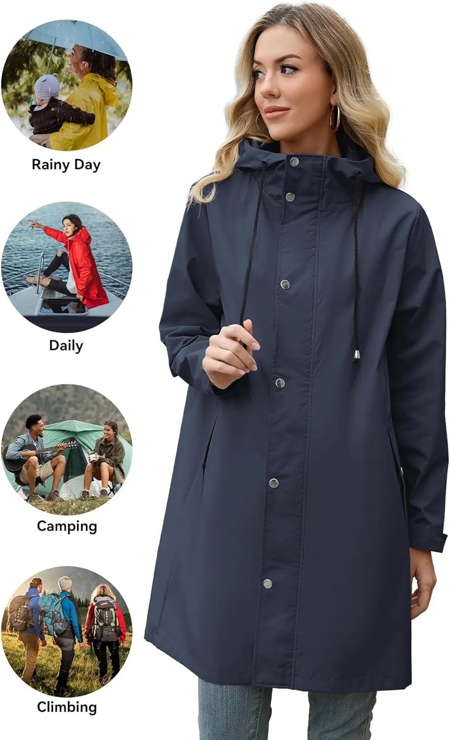 Zando Long Rain Coat for Women Packable Rain Jacket Womens Waterproof Raincoat Lightweight Hooded Windbreaker Trench Coat