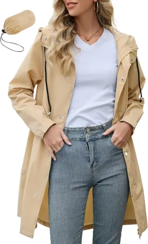 Zando Long Rain Coat for Women Packable Rain Jacket Womens Waterproof Raincoat Lightweight Hooded Windbreaker Trench Coat