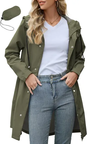 Zando Long Rain Coat for Women Packable Rain Jacket Womens Waterproof Raincoat Lightweight Hooded Windbreaker Trench Coat