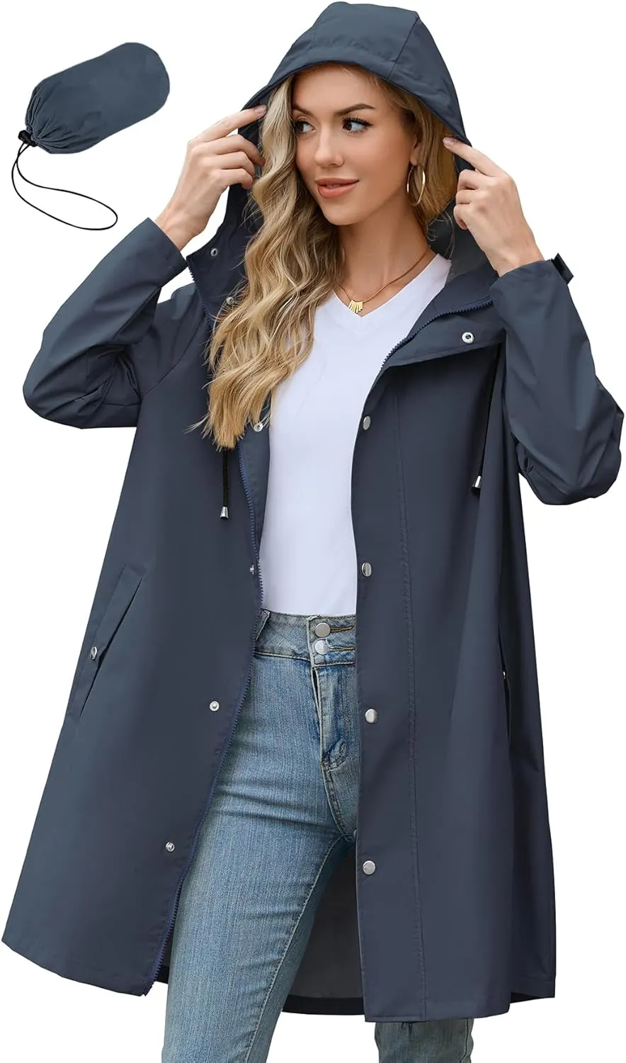 Zando Long Rain Coat for Women Packable Rain Jacket Womens Waterproof Raincoat Lightweight Hooded Windbreaker Trench Coat
