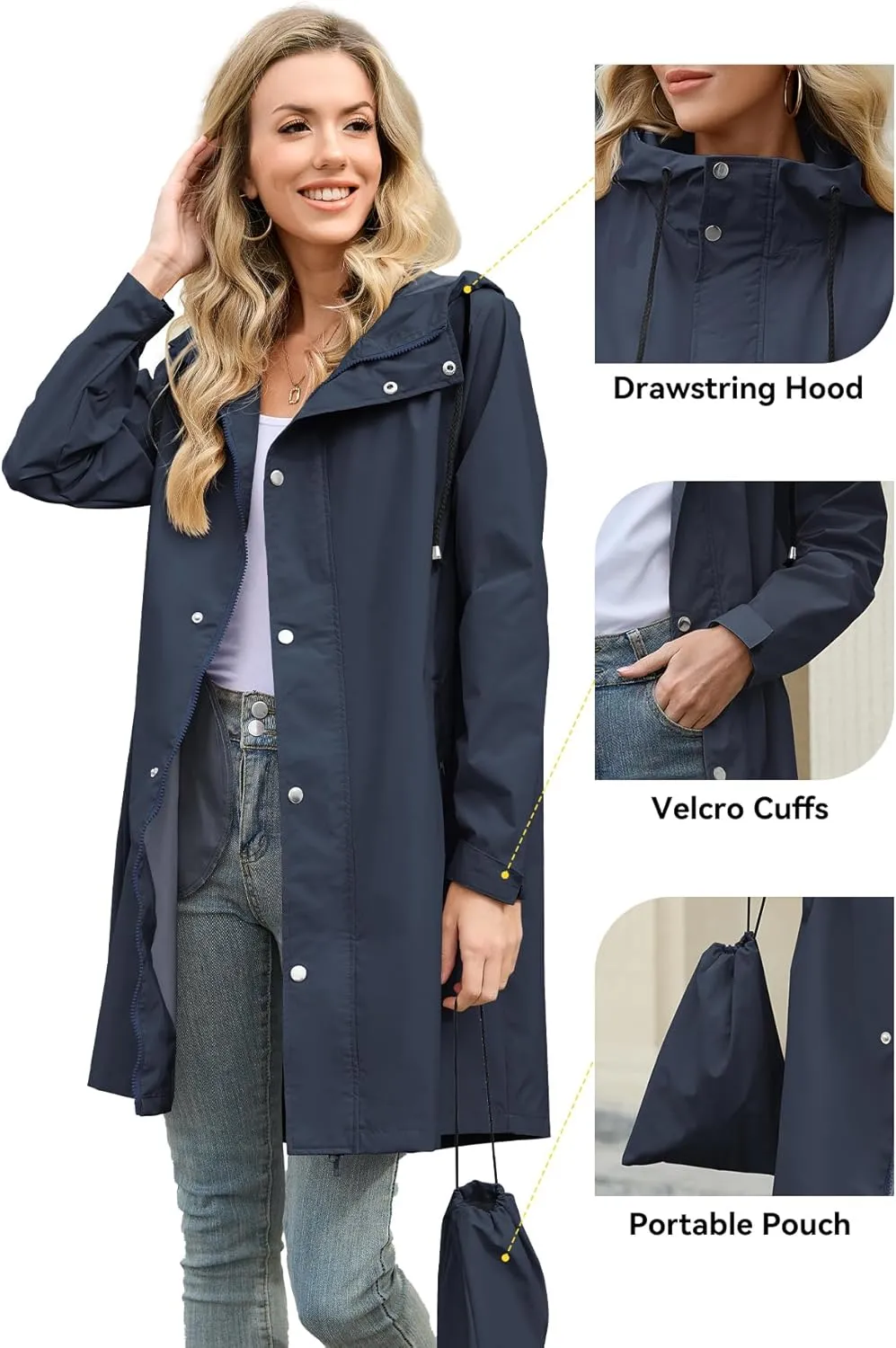 Zando Long Rain Coat for Women Packable Rain Jacket Womens Waterproof Raincoat Lightweight Hooded Windbreaker Trench Coat