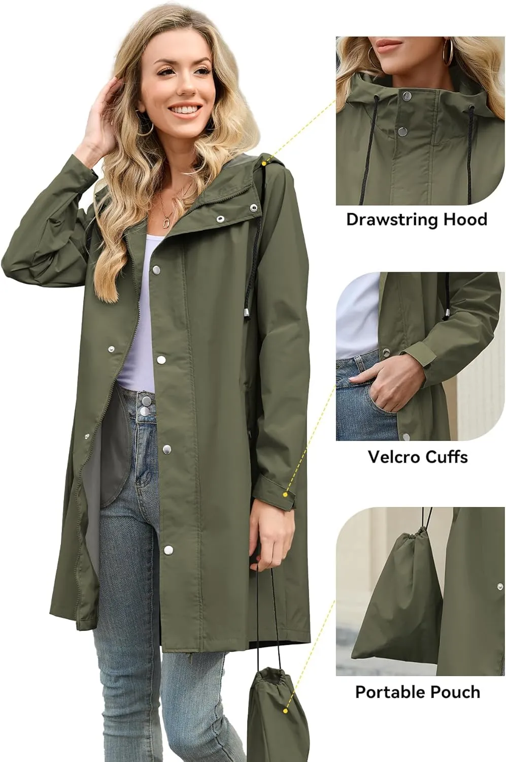 Zando Long Rain Coat for Women Packable Rain Jacket Womens Waterproof Raincoat Lightweight Hooded Windbreaker Trench Coat