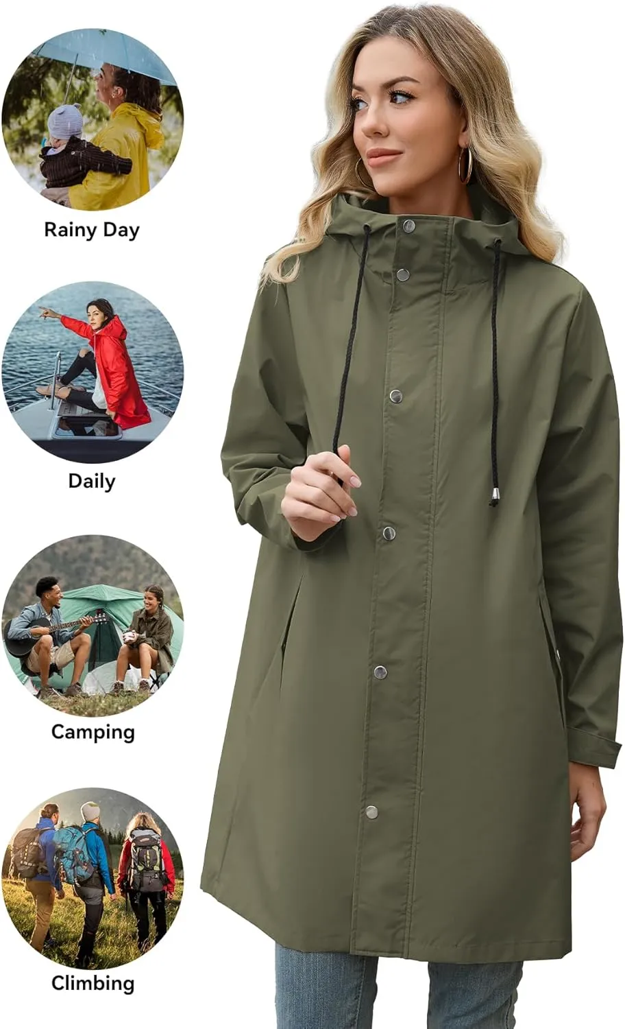 Zando Long Rain Coat for Women Packable Rain Jacket Womens Waterproof Raincoat Lightweight Hooded Windbreaker Trench Coat