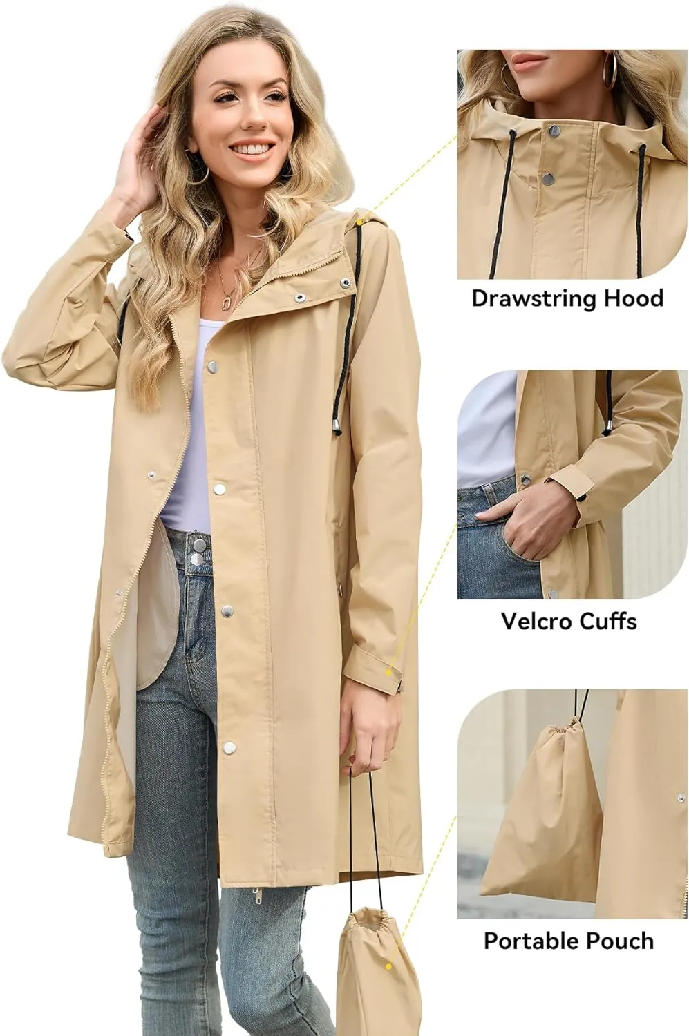 Zando Long Rain Coat for Women Packable Rain Jacket Womens Waterproof Raincoat Lightweight Hooded Windbreaker Trench Coat