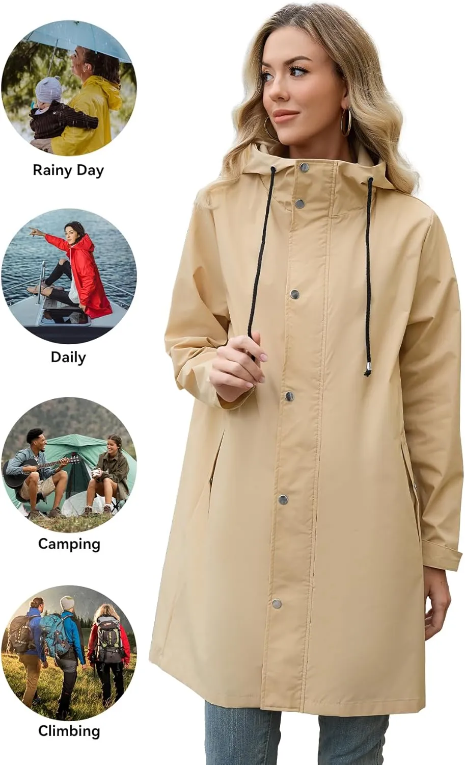 Zando Long Rain Coat for Women Packable Rain Jacket Womens Waterproof Raincoat Lightweight Hooded Windbreaker Trench Coat