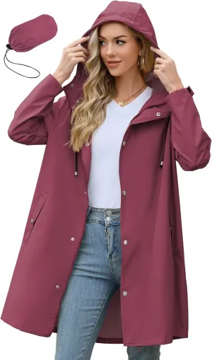 Zando Plus Size Rain Jackets for Women Long RainCoat for Women Waterproof Rain Jacket Waterproof with Hood Waist Cinch Long Raincoats Lightweight Windbreaker Trench Coat Wine Red 2XL